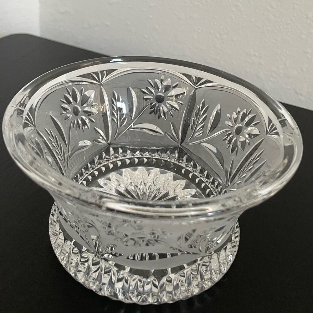 Vintage 24% Lead Crystal Floral Flowers Candy Bowl Dish German Frosted Etched.